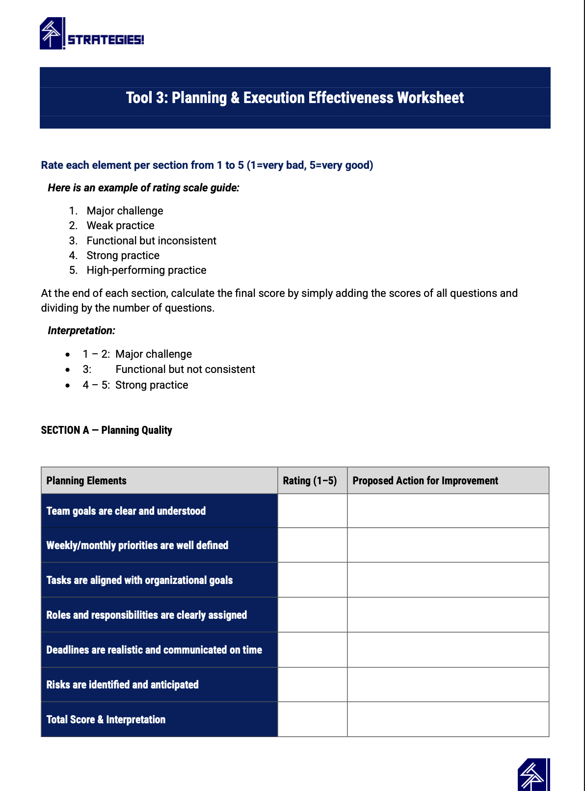 Planning & Execution Effectiveness Worksheet